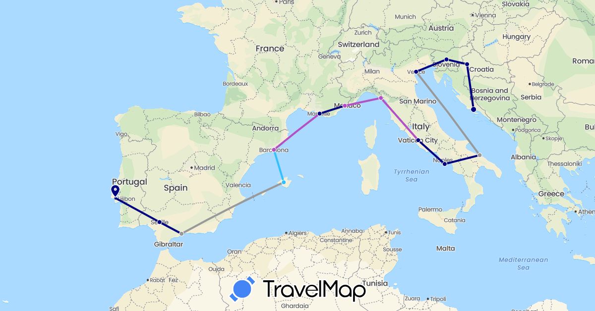 TravelMap itinerary: driving, plane, train, boat in Spain, France, Croatia, Italy, Portugal, Slovenia (Europe)